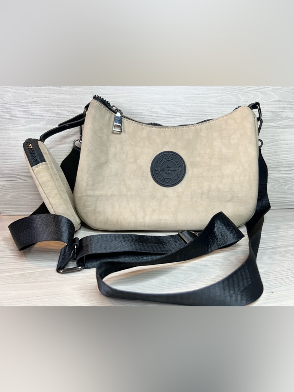 Aeropostale‎ Y2K Style Crossbody Bag - Beige Nylon Baguette with Coin Pouch